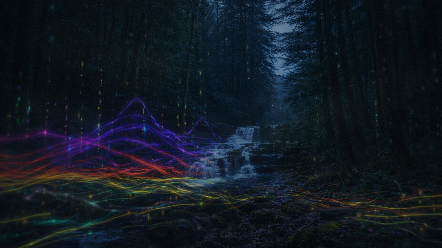 Forest pathway with light shafts