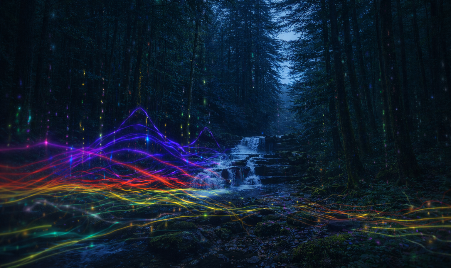 Forest pathway with light shafts